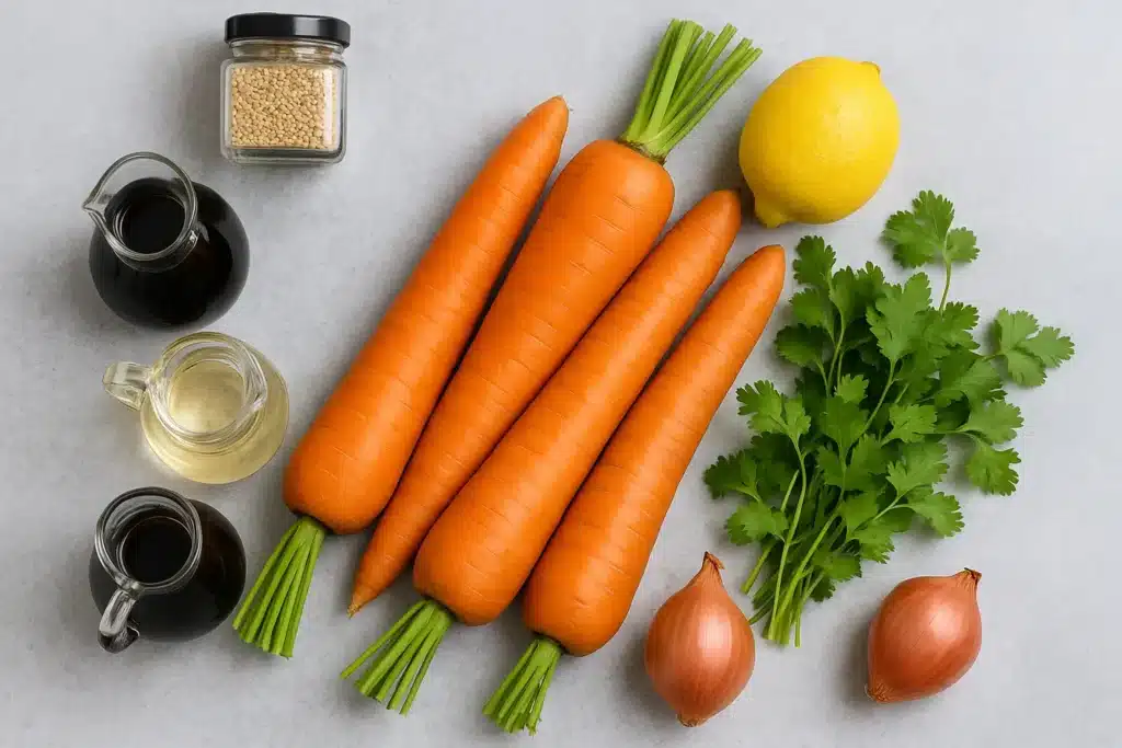 Carrot Salad Retinol Boost : 10-Minute Glowing Skin Carrot Salad Retinol Boost 5 Fresh ingredients for carrot salad including whole carrots, lemon, onions, soy sauce, vinegar, sesame seeds, and fresh parsley on a gray surface.