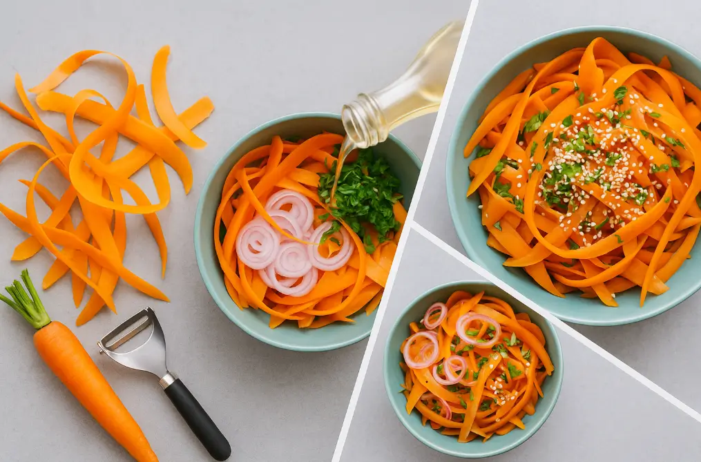 Carrot Salad Retinol Boost : 10-Minute Glowing Skin Carrot Salad Retinol Boost 6 Step-by-step collage showing carrot ribbons, shallots, fresh parsley, and sesame seeds being assembled into a vibrant carrot salad with dressing.