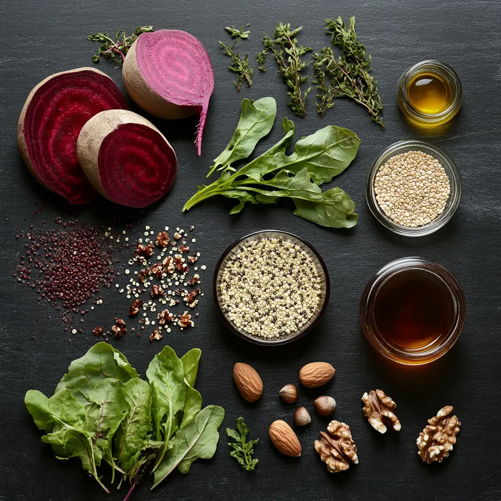 The Best Beet and Quinoa Salad Recipe for a Wholesome, Flavorful Meal 4 ingredients for beet & quinoa salad on wooden surface