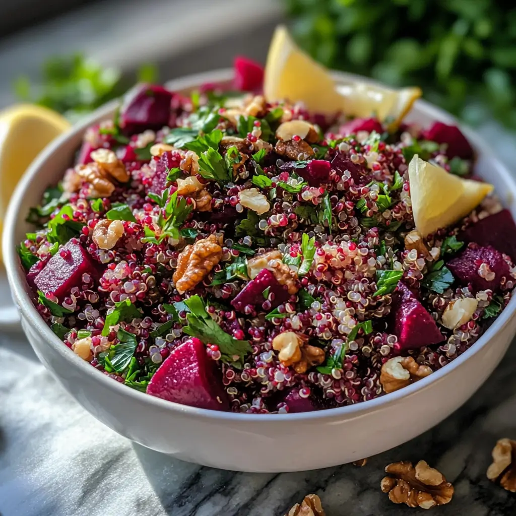 The Best Beet and Quinoa Salad Recipe for a Wholesome, Flavorful Meal 2 beet and quinoa salad in white bowl with herbs and walnuts