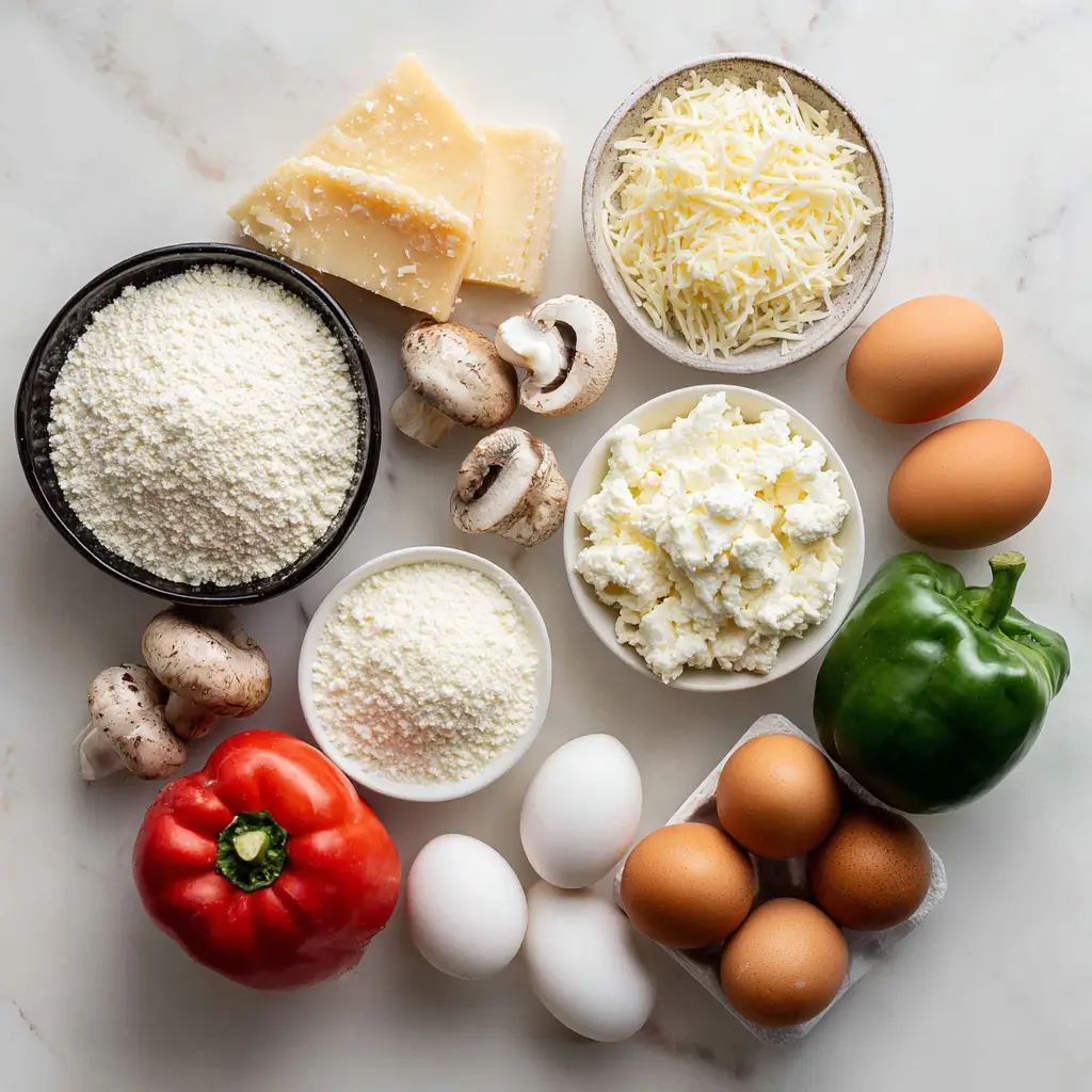 Easy Keto Pizza Recipe 4 keto pizza ingredients on marble counter