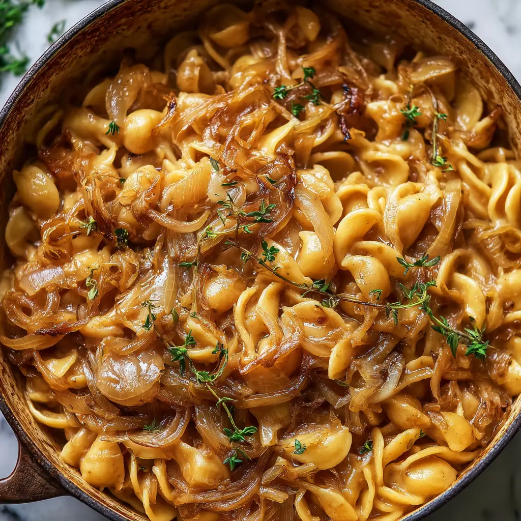 One-Pot French Onion Pasta 2 One-Pot French Onion Pasta served in rustic pot