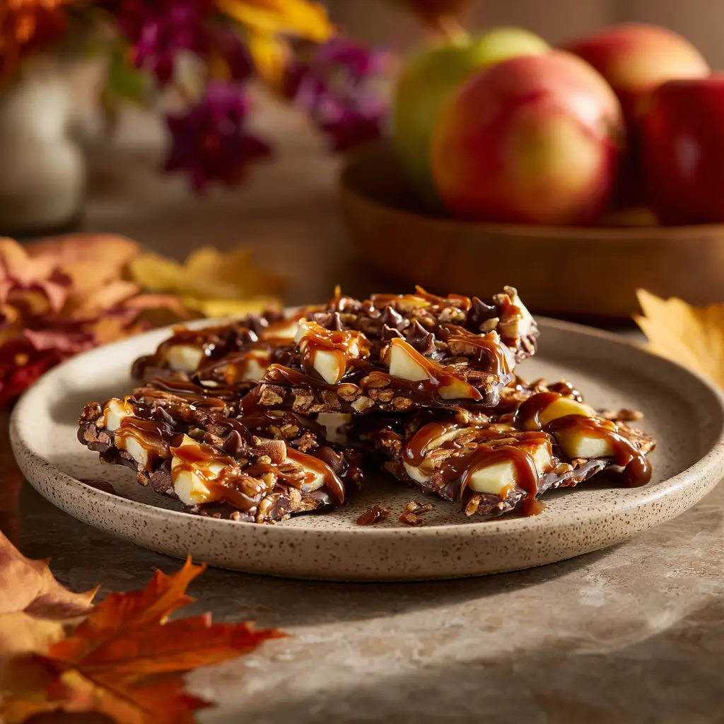 Plate of caramel apple bark topped with chocolate, apples, and caramel drizzle on a fall-themed table