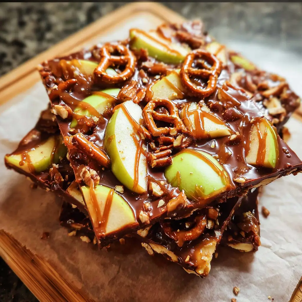 Stack of caramel apple bark pieces topped with apples, chocolate, and pretzels