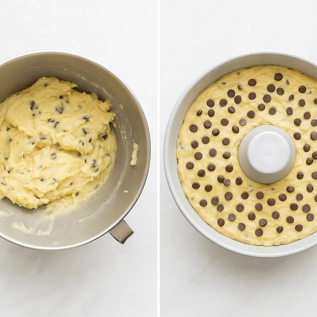 Chocolate Chip Ricotta Cake 7 Chocolate Chip Ricotta Cake batter with chocolate chips in mixing bowl and cake pan