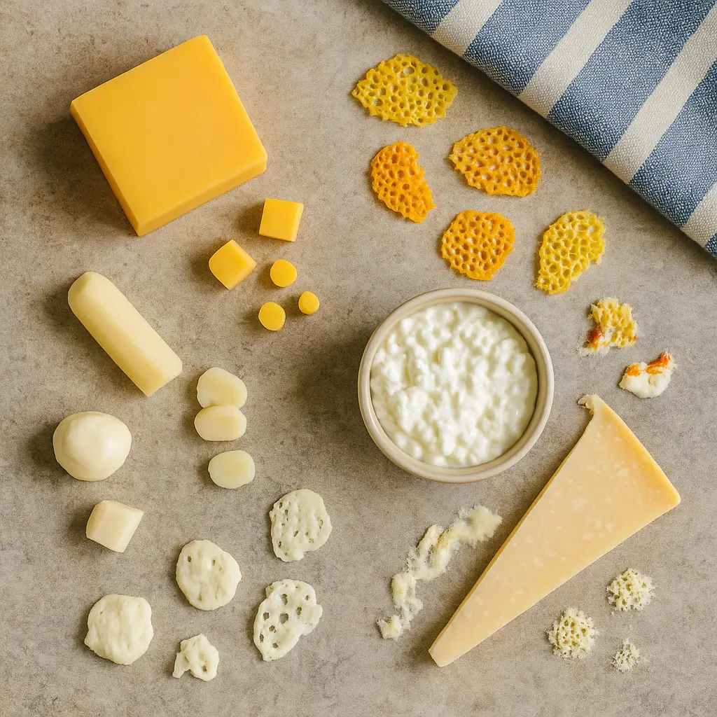 How To Make Microwave Cheese Crisps 3 Different cheeses including cheddar, mozzarella, parmesan, and cottage cheese prepared for microwave crisps