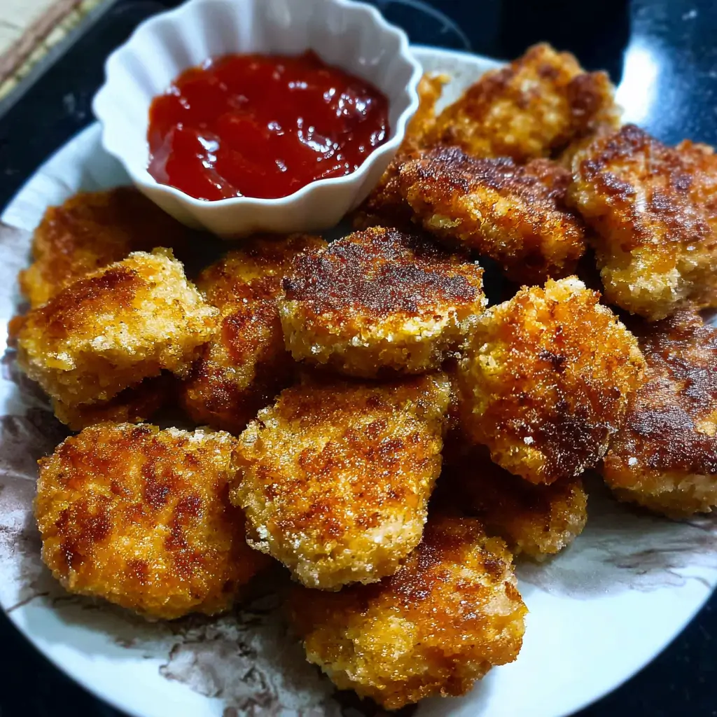 Low Carb Chicken Nuggets 2 Golden-brown Low Carb Chicken Nuggets served with spicy ketchup dip on a white plate.