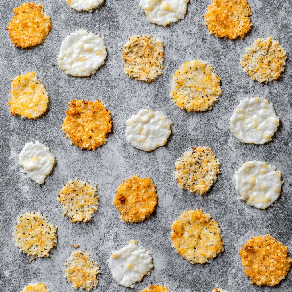 How To Make Microwave Cheese Crisps 2 Overhead view of golden parmesan and white mozzarella microwave cheese crisps on a grey surface