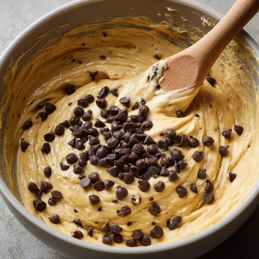 Chocolate Chip Ricotta Cake 8 chocolate chip ricotta cake batter in bowl with wooden spoon