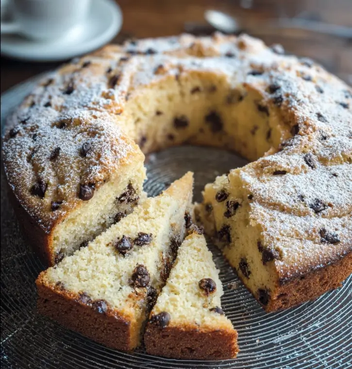 Chocolate Chip Ricotta Cake 9 sliced chocolate chip ricotta cake topped with powdered sugar