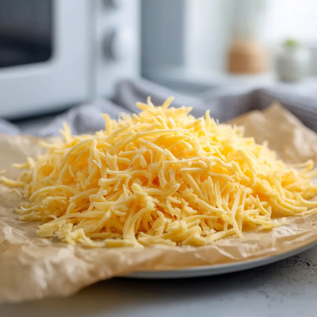 How To Make Microwave Cheese Crisps 4 Fresh shredded cheddar cheese on parchment paper ready for microwave cheese crisps