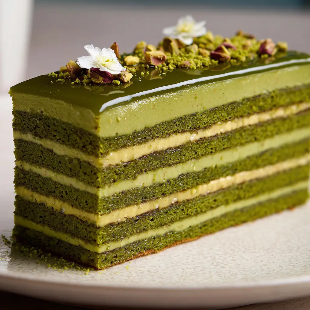 layered yuzu matcha opera cake with pistachio glaze and white flowers