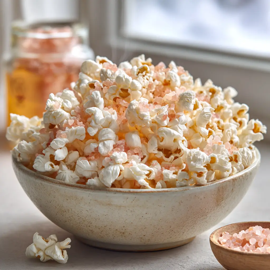 Himalayan Pink Salt Popcorn 2 Himalayan pink salt popcorn in a bowl with fine pink crystals