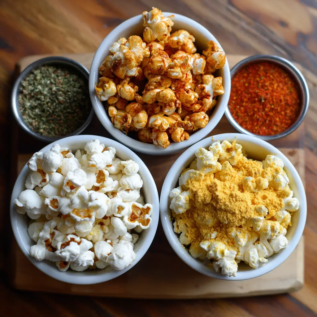 Himalayan Pink Salt Popcorn 5 Himalayan pink salt popcorn flavor variations in small bowls