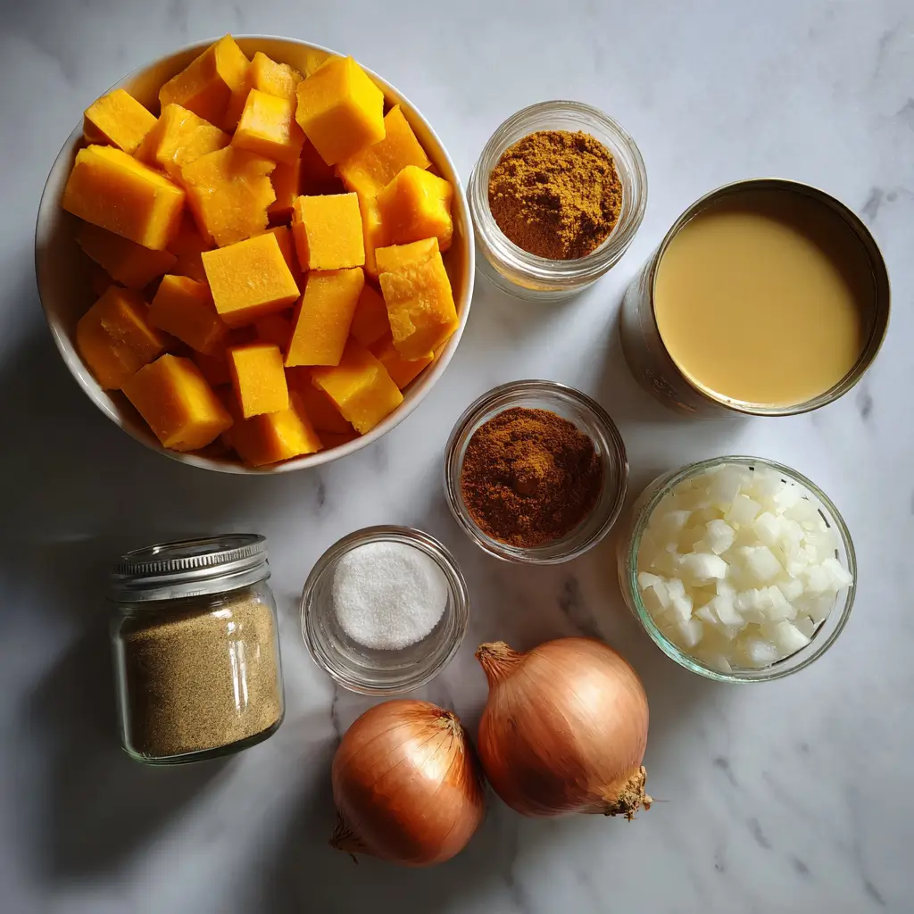 The Best Pumpkin Butternut Squash Soup 4 ingredients for pumpkin butternut squash soup on marble