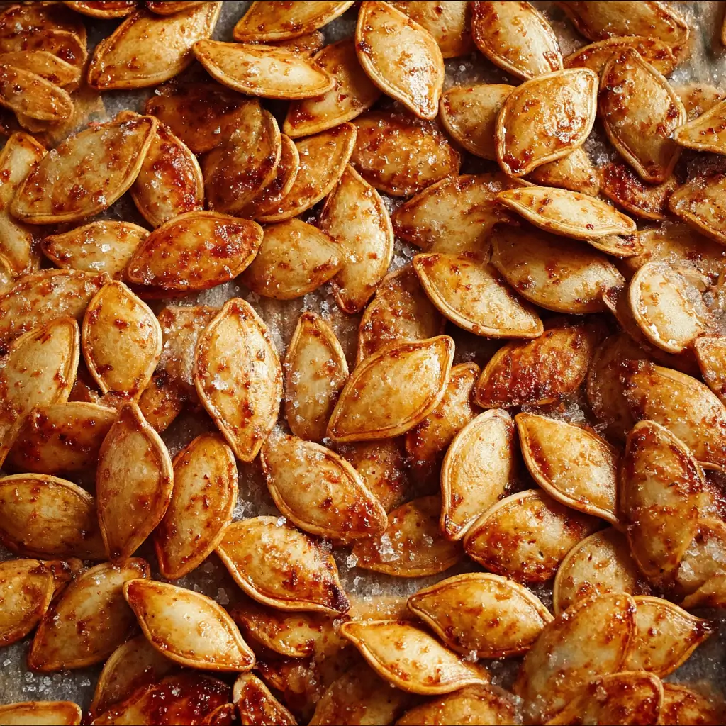 Roasted pumpkin seeds on a baking tray.