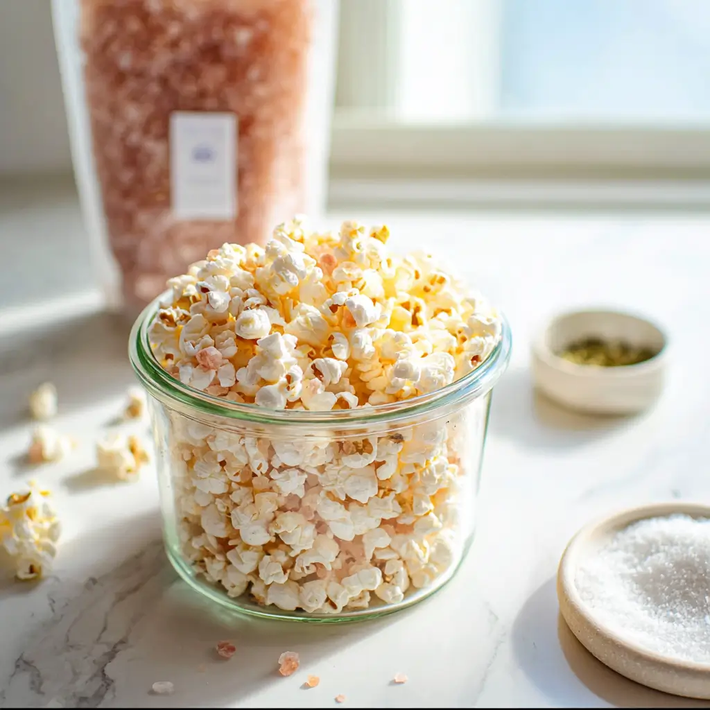 Himalayan Pink Salt Popcorn 4 Himalayan pink salt popcorn stored in an airtight jar