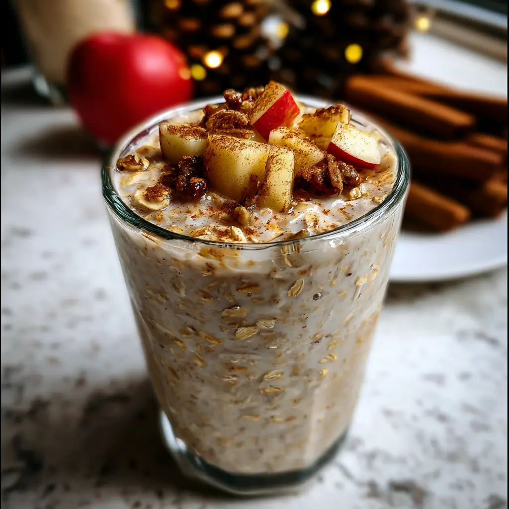 Apple Pie Overnight Oats topped with diced apples, cinnamon, and granola