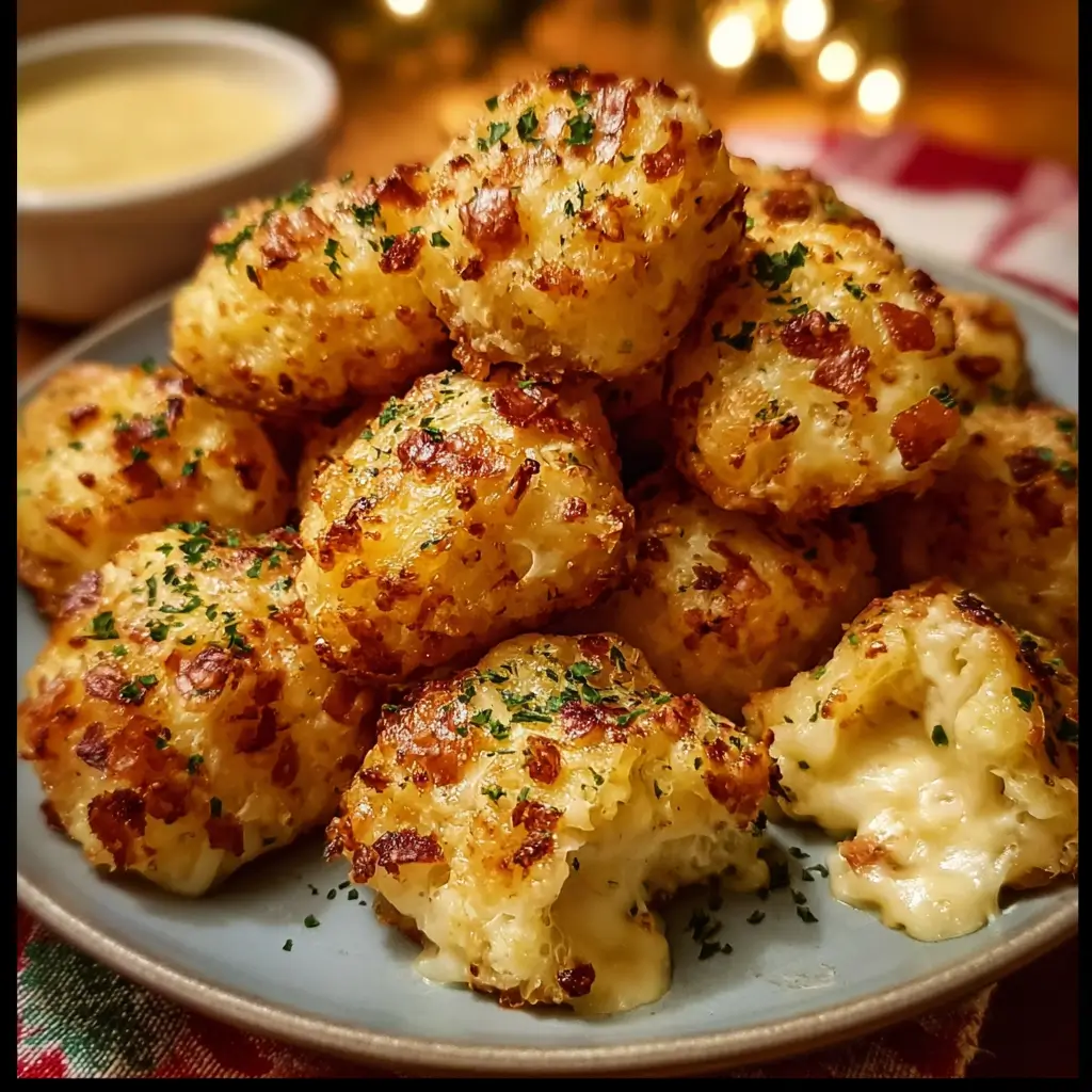 Golden crispy cheesy cauliflower bites on a plate with melted centers.