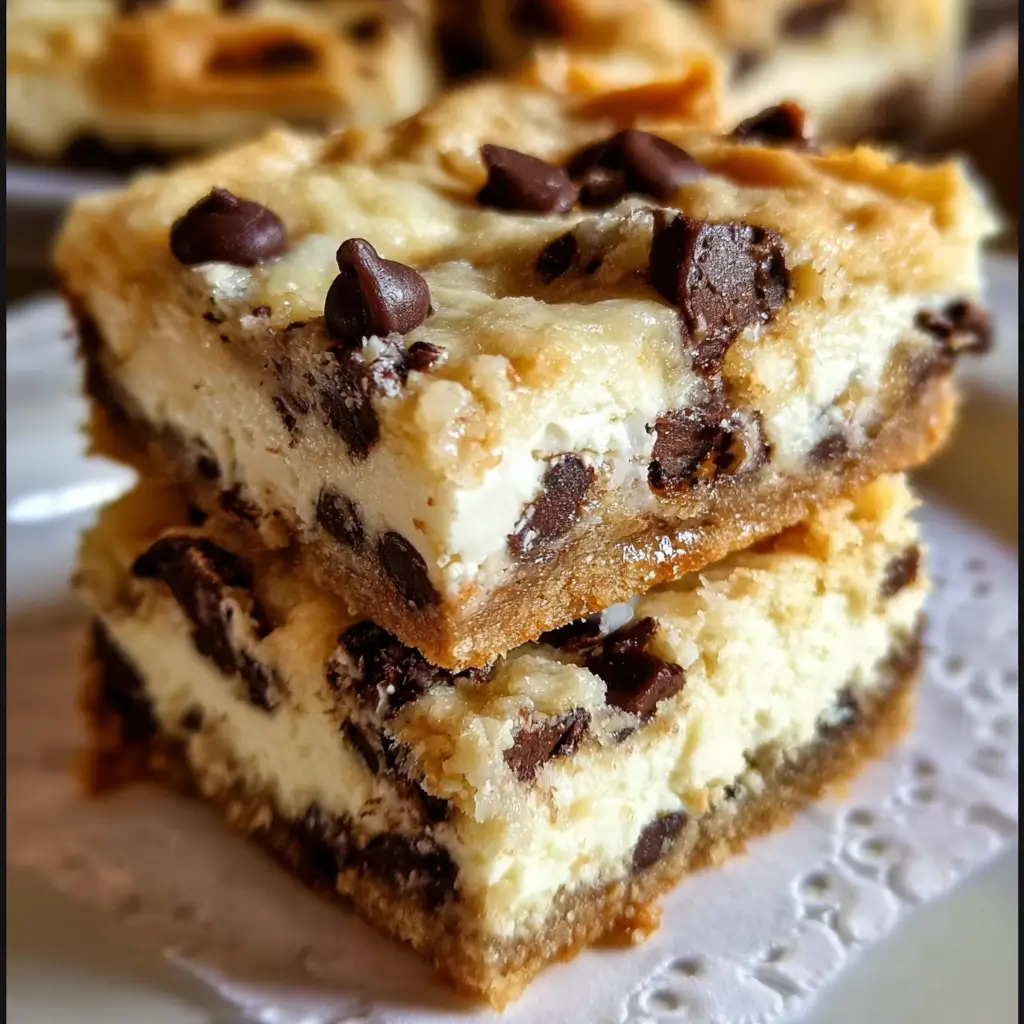 Close-up of thick, gooey chocolate chip cookie cheesecake bars stacked on a wooden board.