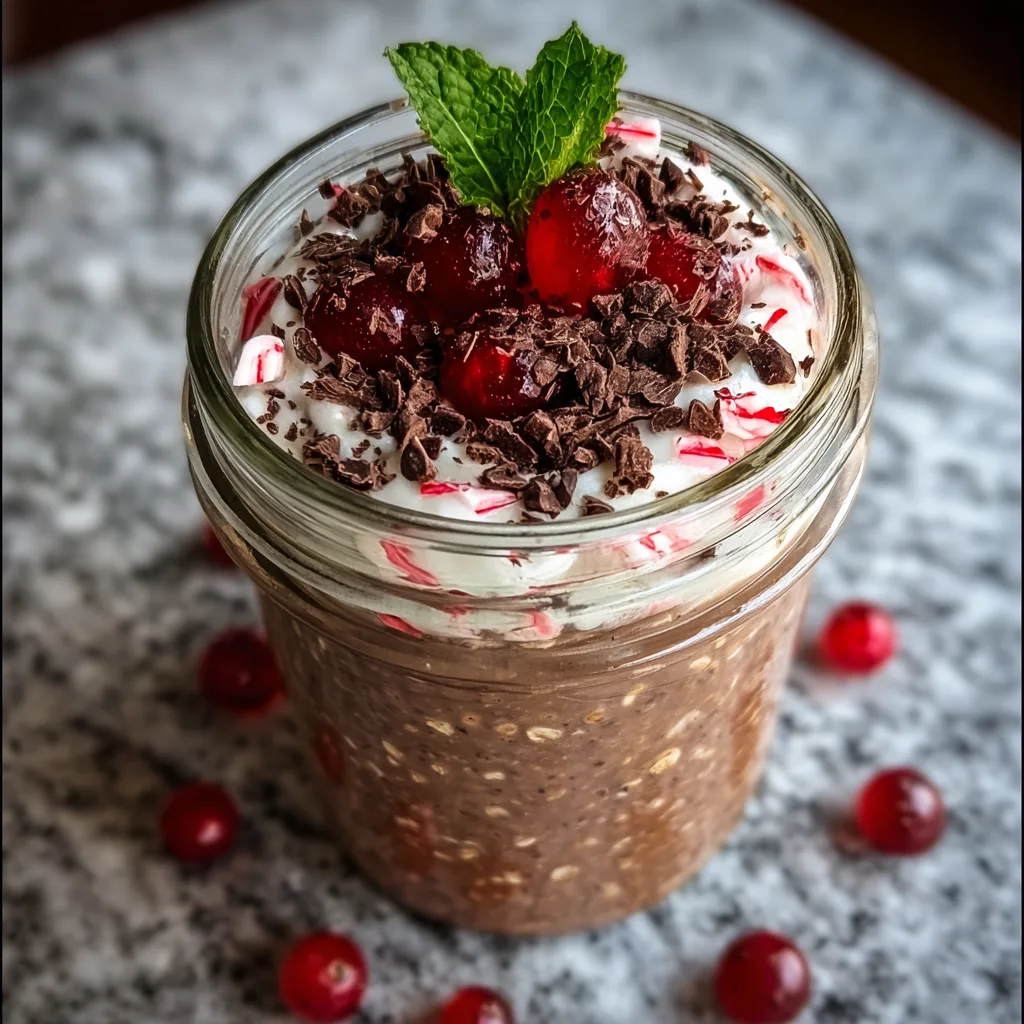Chocolate Peppermint Overnight Oats topped with whipped cream, cranberries, and chocolate shavings