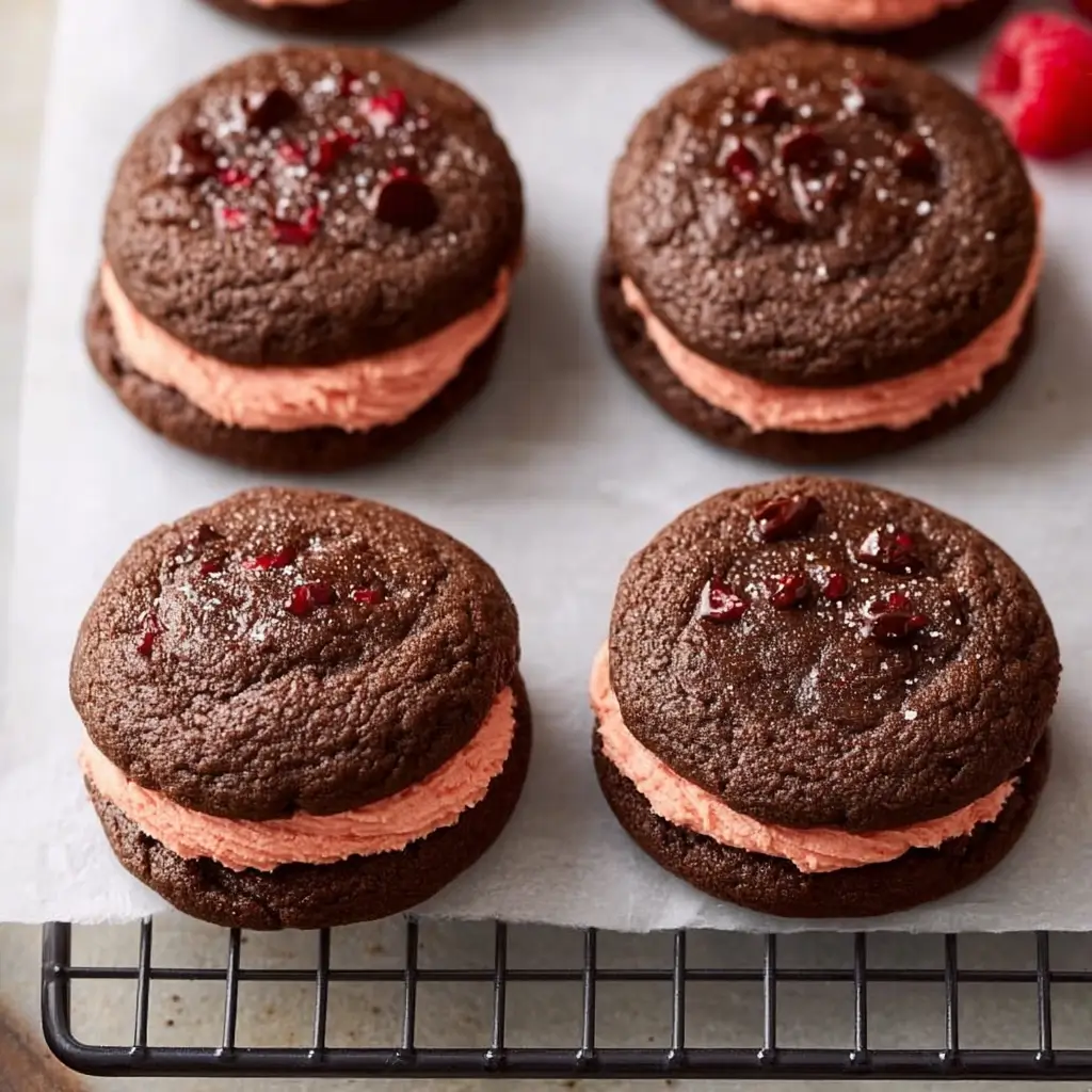 Soft chocolate cookies sandwiched with creamy raspberry filling and dusted with sugar