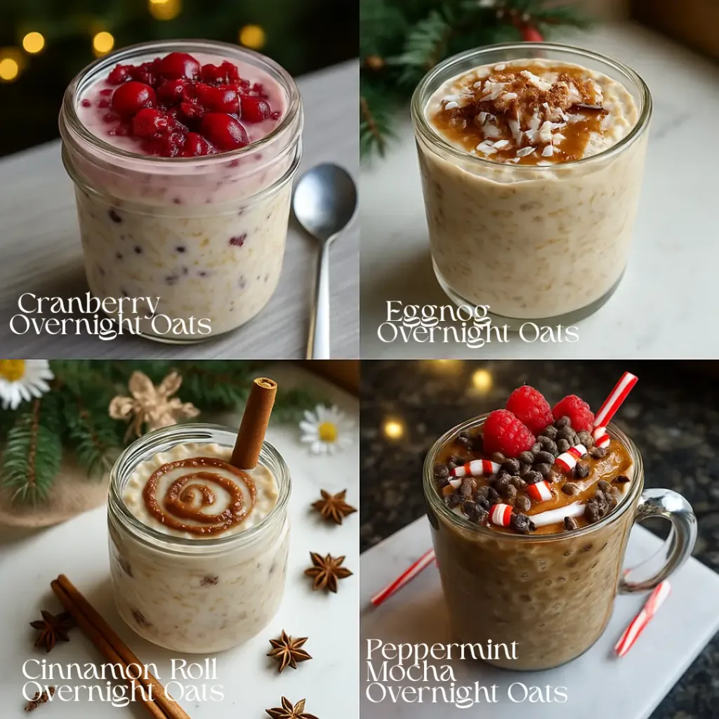 A holiday assortment of overnight oats in cranberry, eggnog, cinnamon roll, and peppermint mocha flavors
