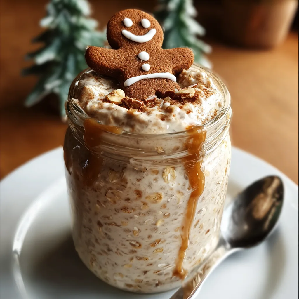 Gingerbread Cookie Overnight Oats in a glass jar topped with caramel drizzle and a mini gingerbread man