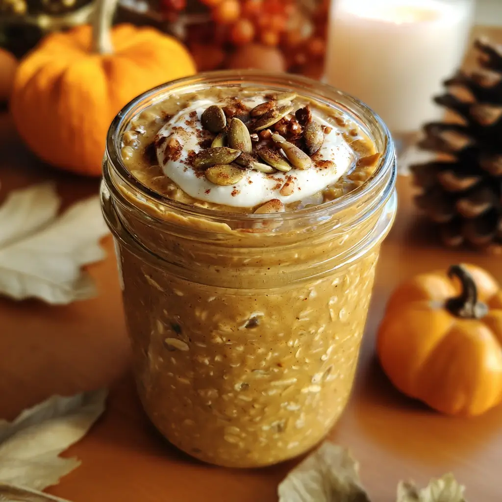 Pumpkin Pie Overnight Oats topped with yogurt, pumpkin seeds, and cinnamon