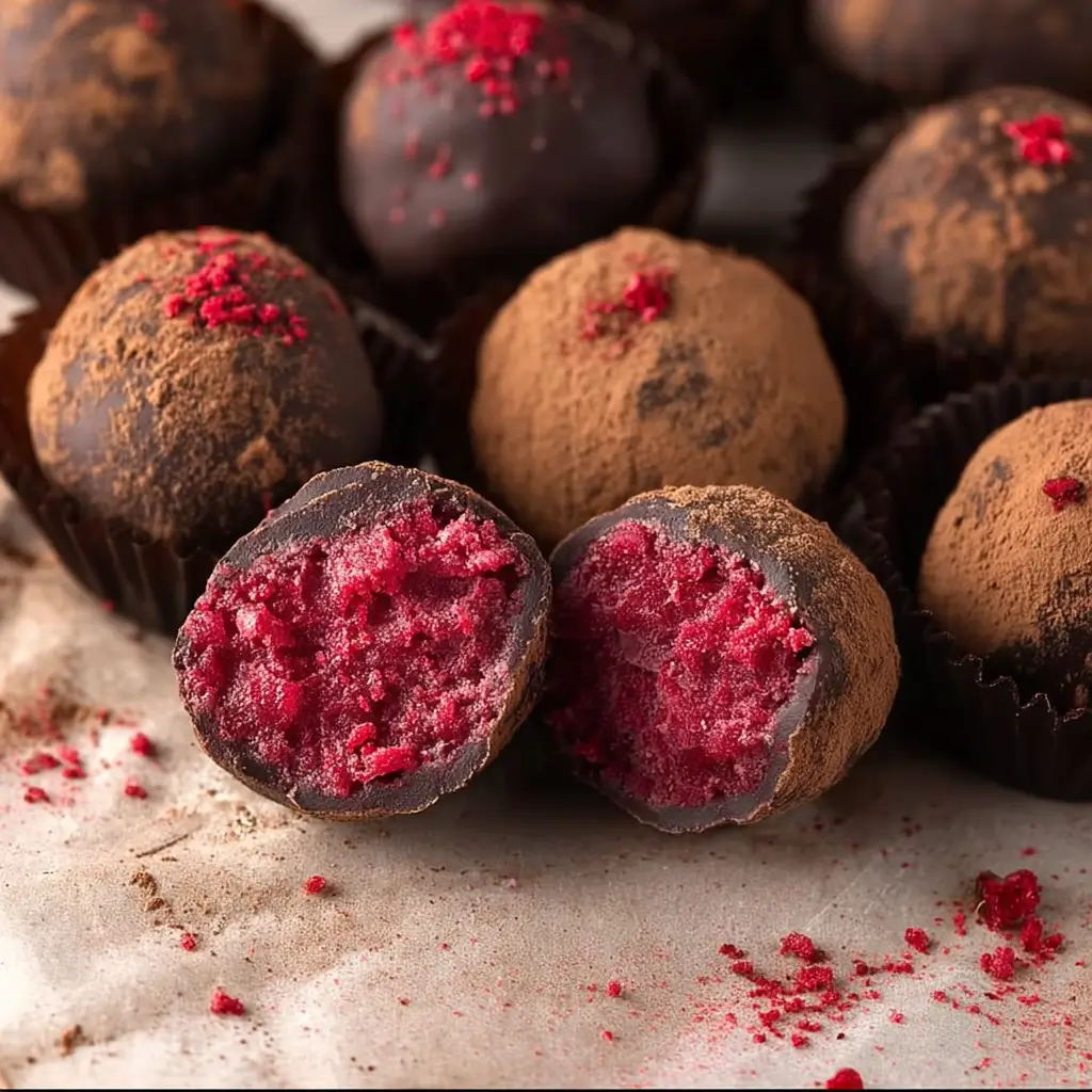 Rich cocoa-dusted truffles with a tangy raspberry heart—creamy, dreamy, and no-bake easy.
Description: These homemade Raspberry Cocoa Truffles feature a smooth chocolate ganache shell, a pop of bright raspberry inside, and a cocoa powder coating with crushed raspberry sprinkles