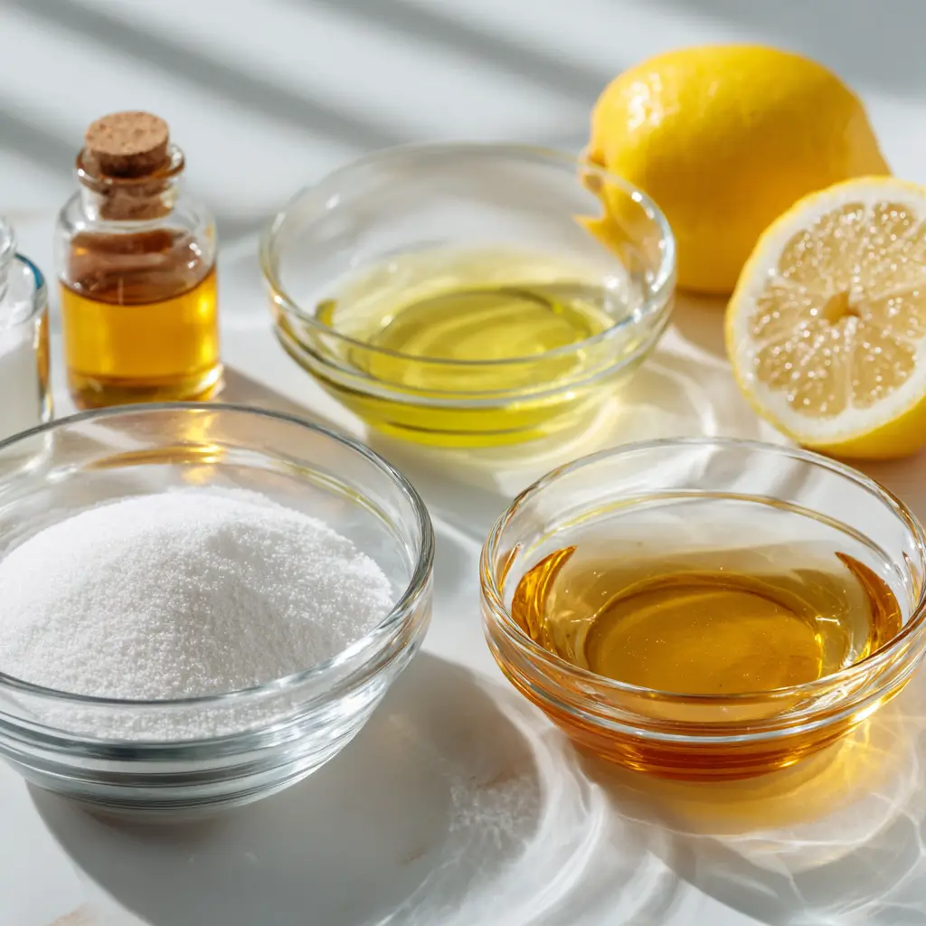 Gelatin Trick Ingredients displayed in glass bowls with lemon, honey, and liquid components on a bright counter.